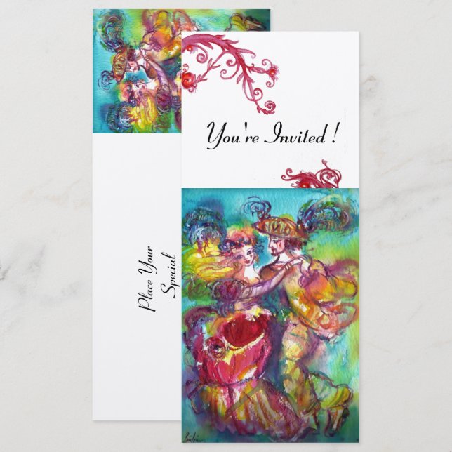 Invitación DANZA CARNAVAL vibrante champán rojo brillante azu (Anverso / Reverso)
