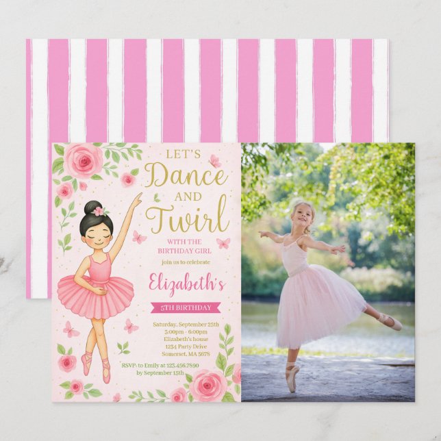 Invitación Danza de Ballerina y foto de cumpleaños de Twirl (Anverso / Reverso)