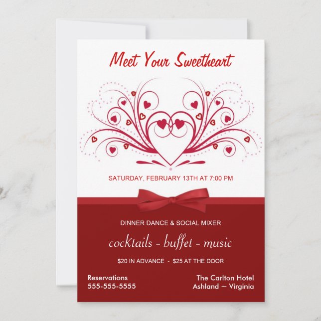 Invitación Danza de cena El día de San Valentín - Estilo de n (Anverso)