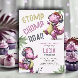 Invitación Danza de dinosaurios rosados Stomp Chomp Roar Chic