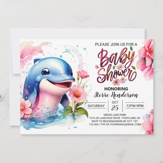 Invitación Danza de los delfines Chica Baby Shower (Anverso)