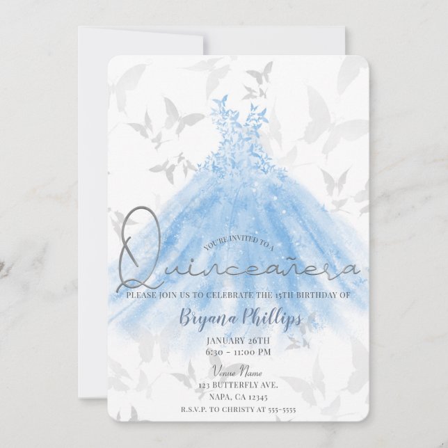 Invitación Danza de mariposa Azul Esparkle Vestido Quinceañer (Anverso)