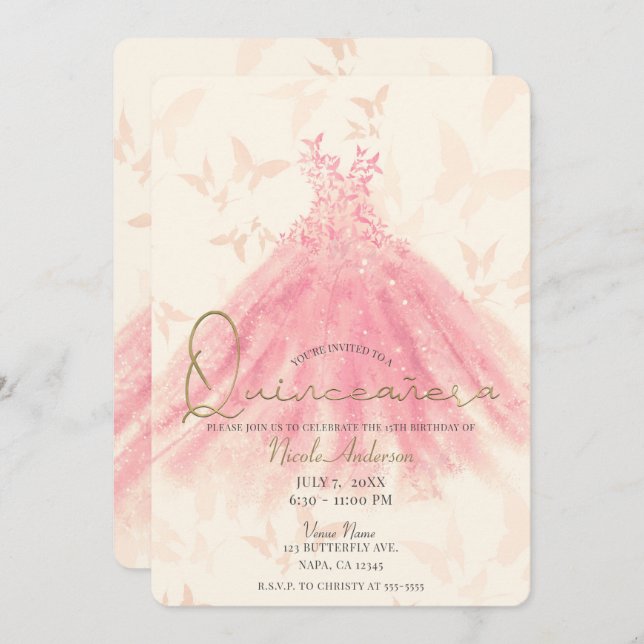 Invitación Danza de mariposa Peach Sparkle Dress Quinceañera (Anverso / Reverso)