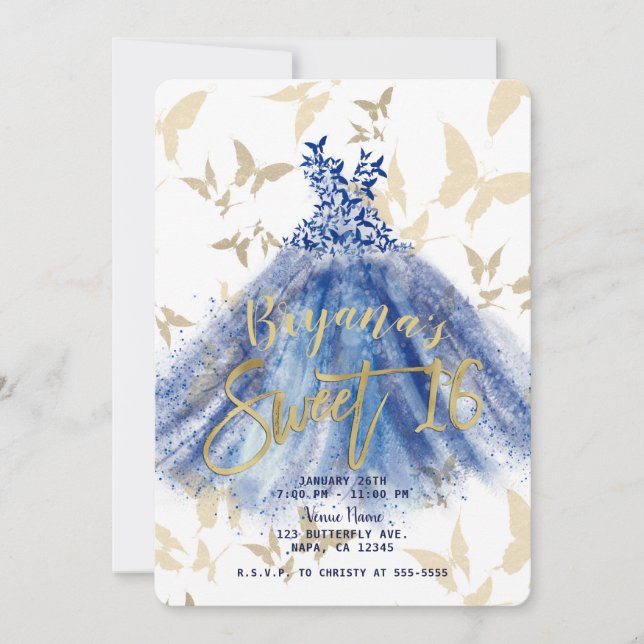 Invitación Danza de Mariposa Vestido Azul Cumple Dulces 16 (Anverso)