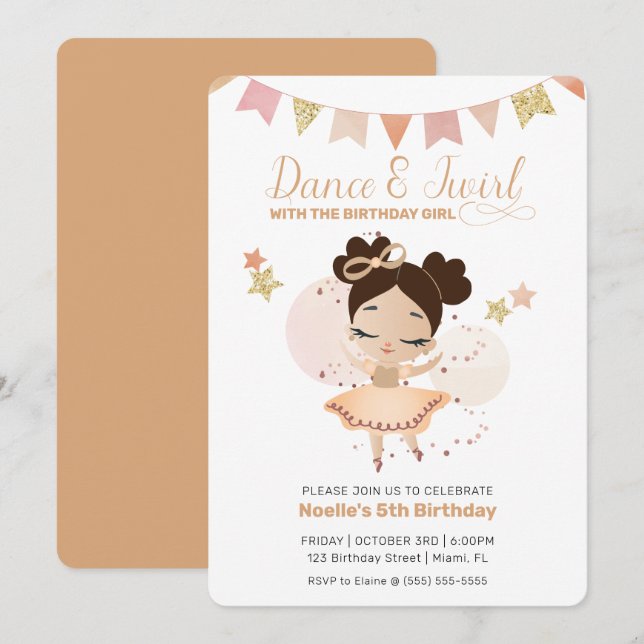 Invitación Danza y torneo, Princesa Ballerina con cumpleaños  (Anverso / Reverso)