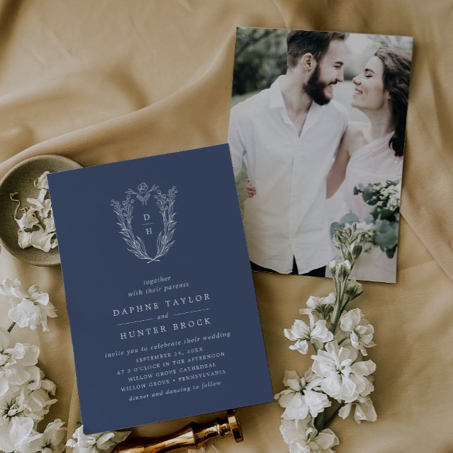Invitación DAPHNE Boda de fotografía moderno de la Marina Bla (DAPHNE Dark Blue White Modern Navy Photo Wedding Invitation)