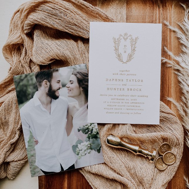 Invitación DAPHNE Elegante Boda fotográfico del Clásico Blanc (DAPHNE Elegant Gold White Classic Photo Wedding Invitation)