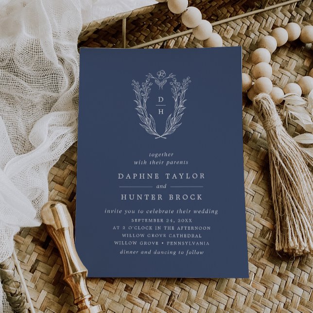 Invitación DAPHNE Simple Boda Botánico-Azul Oscuro (DAPHNE Simple Modern Botanical Dark Blue Wedding Invitation)