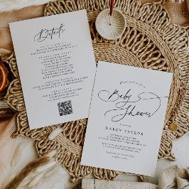 Invitación DARCY Simple Boho QR Code Baby Shower Blanco negro
