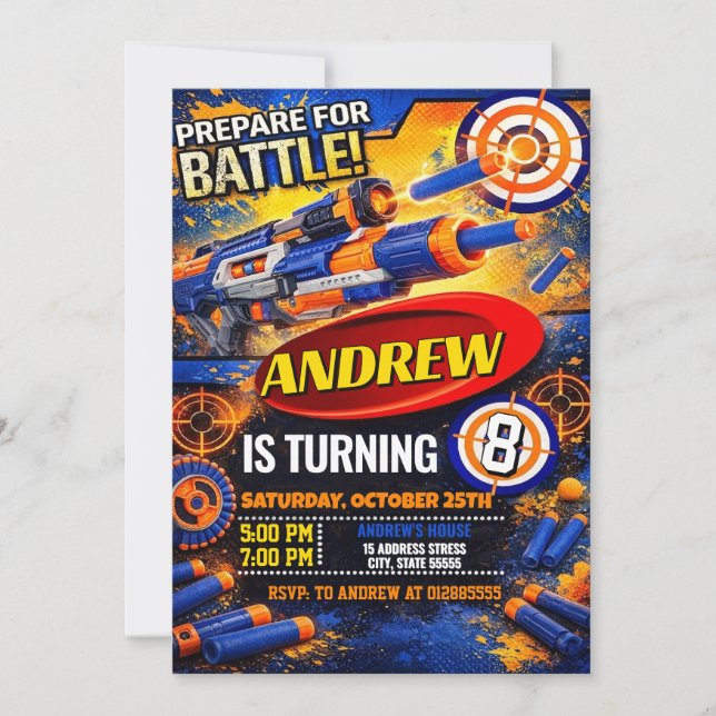 Invitación Dardo Nerf para niños Cumpleaños personalizado par (Anverso)