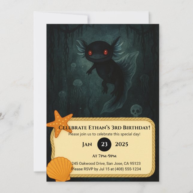 Invitación Dark Abyss Axolotl Birthday  (Anverso)