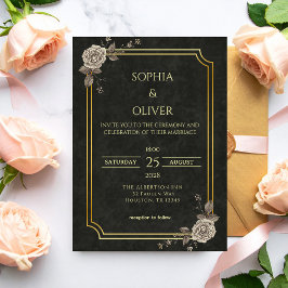 Invitación Dark Academia Gothic Black Gold Elegant Wedding