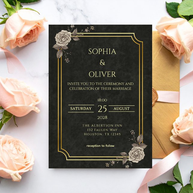 Invitación Dark Academia Gothic Black Gold Elegant Wedding (Subido por el creador)