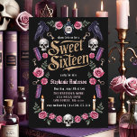 Invitación Dark Academia Gótica Oro Floral Dulce 16<br><div class="desc">Invite a sus invitados a una encantadora y hermosa celebración de Sweet 16 con esta oscura invitación inspirada en el mundo académico. El diseño gótico presenta una impresionante tipografía de oro contra un fondo negro profundo, acentuado con llaves antiguas y misteriosos cuervos. Esta invitación única crea el ambiente perfecto para...</div>