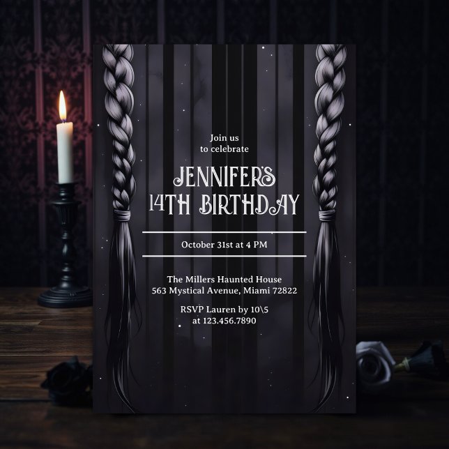 Invitación Dark Academia Vibes Braids Gótico Cumpleaños de lo (Gothic Braids Teen Birthday – Dark Academia Black & Gray (Age Editable))