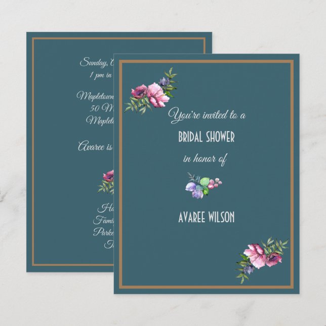 Invitación Dark Aqua Bridal Shower Florals (Anverso / Reverso)