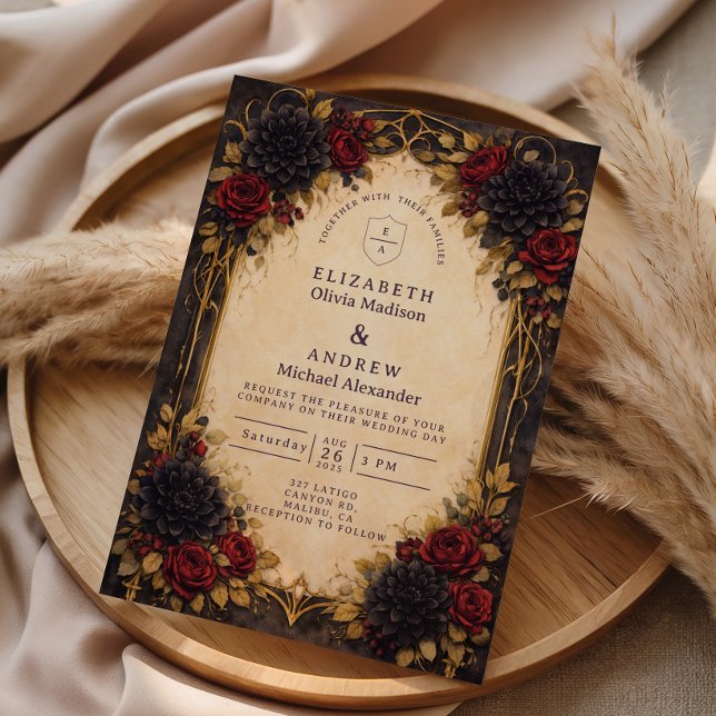 Invitación Dark Baroque Red Floral Wedding (Subido por el creador)