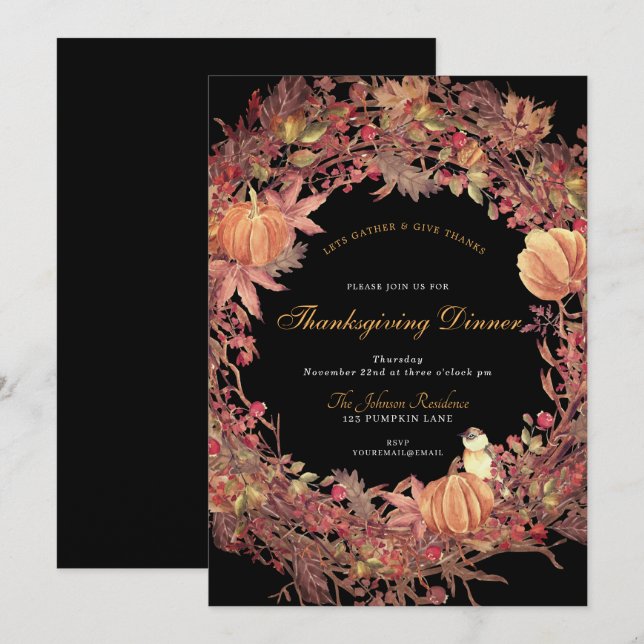 Invitación Dark Black Rustic Wreath Cena de Acción de Gracias (Anverso / Reverso)
