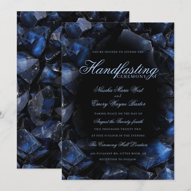 Invitación Dark Blue Boho Witch Crystals Black Handfasting (Anverso / Reverso)