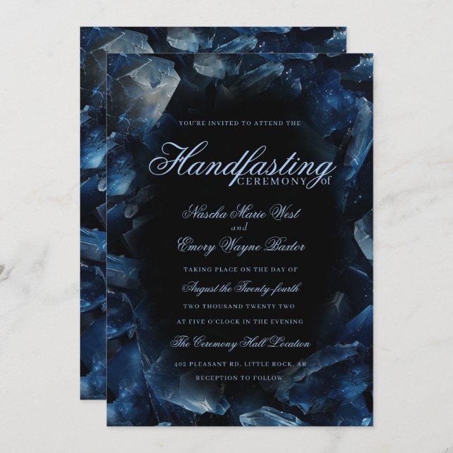 Invitación Dark Blue Boho Witch Crystals Black Handfasting (Anverso / Reverso)