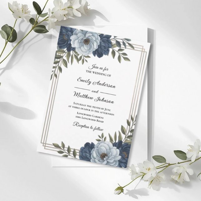 Invitación Dark Blue Floral Frame Wedding Invitation (Subido por el creador)