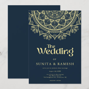 Invitación Dark Blue Gold Elegant Boda indio de Bollywood