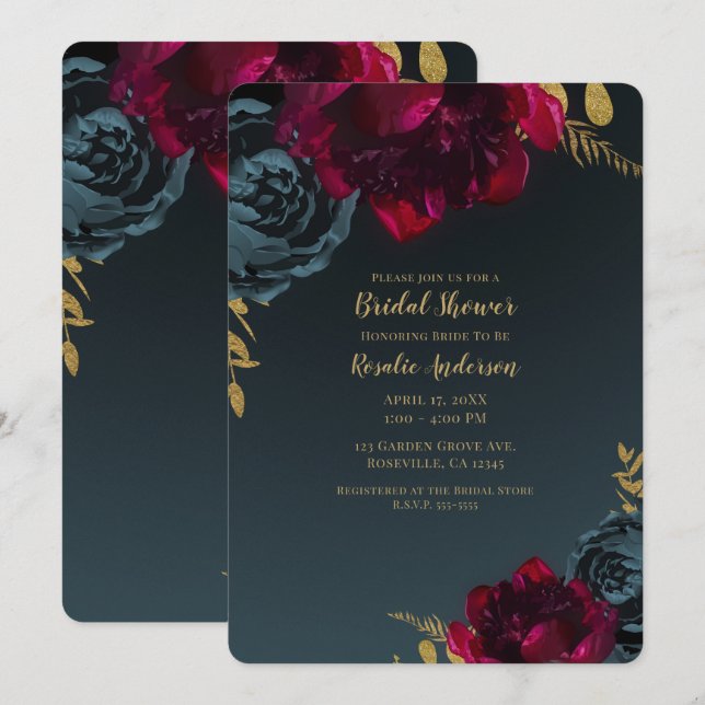 Invitación Dark Blue Moody Floral Gold Greeneration Bridal Sh (Anverso / Reverso)