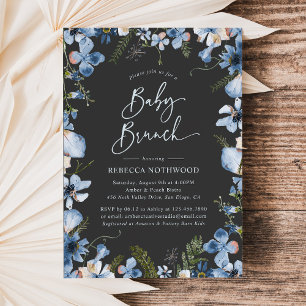 Invitación Dark Boho Dusty Blue Floral Baby Shower Brunch
