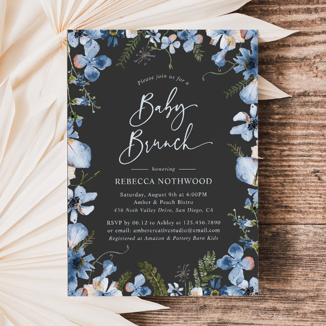Invitación Dark Boho Dusty Blue Floral Baby Shower Brunch (Subido por el creador)