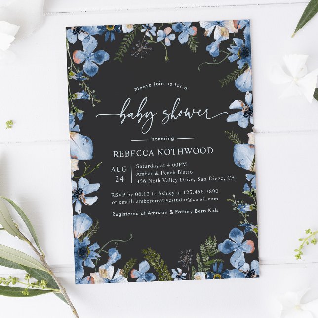 Invitación Dark Boho Gray Blue Floral Boy Baby Shower (Subido por el creador)