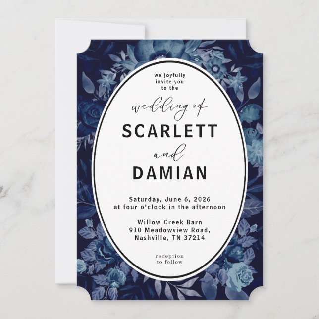 Invitación Dark Boho Moody Blue Floral Wedding (Anverso)