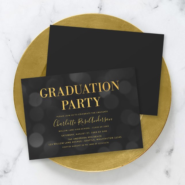 Invitación Dark Bokeh Faux Gold Graduation Party (Subido por el creador)
