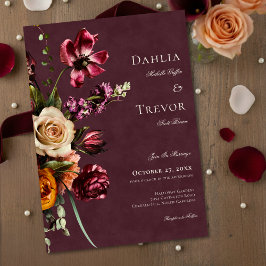 Invitación Dark Elegant Autumn Floral Burgundy Wedding