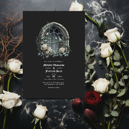 Invitación Dark Fantasy Castle Window Boda gótico Código QR