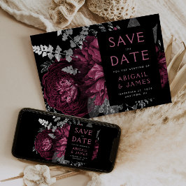 Invitación Dark Floral Burgundy Silver Wedding Save the Date