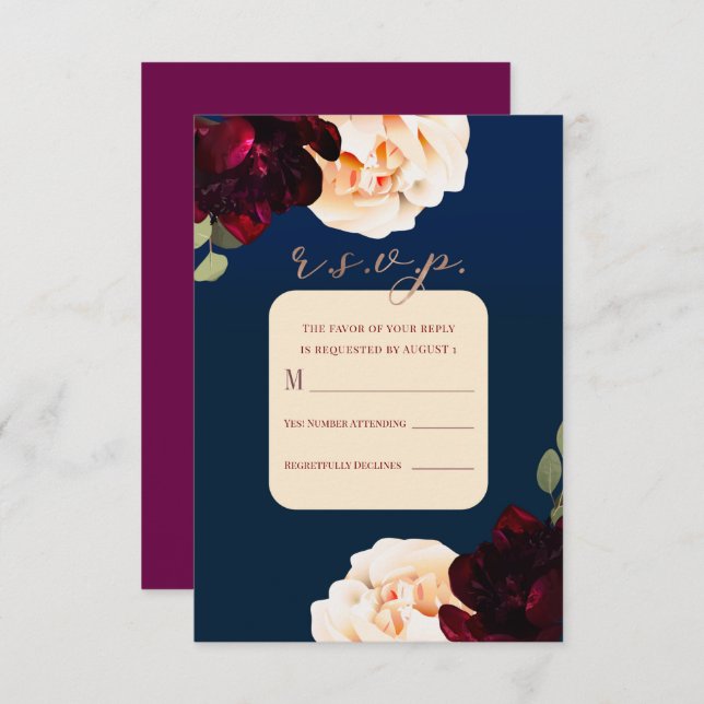 Invitación Dark Floral Marsala Cream & Navy Reply R.S.V.P En (Anverso / Reverso)