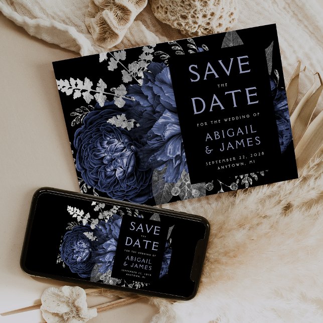 Invitación Dark Floral Navy Blue Silver Wedding Salven la fec (Subido por el creador)
