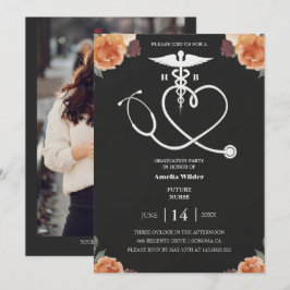 Invitación Dark Floral Nursing Graduation Invitation with Hea