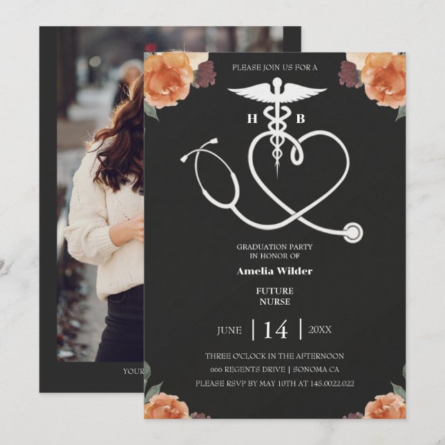 Invitación Dark Floral Nursing Graduation Invitation with Hea (Anverso / Reverso)