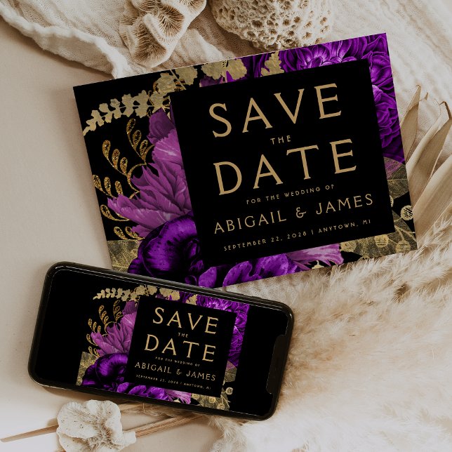 Invitación Dark Floral Purple Gold Wedding Salven la fecha (Subido por el creador)