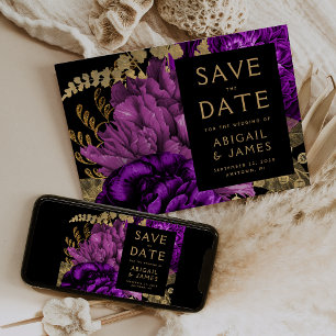 Invitación Dark Floral Purple Gold Wedding Salven la fecha