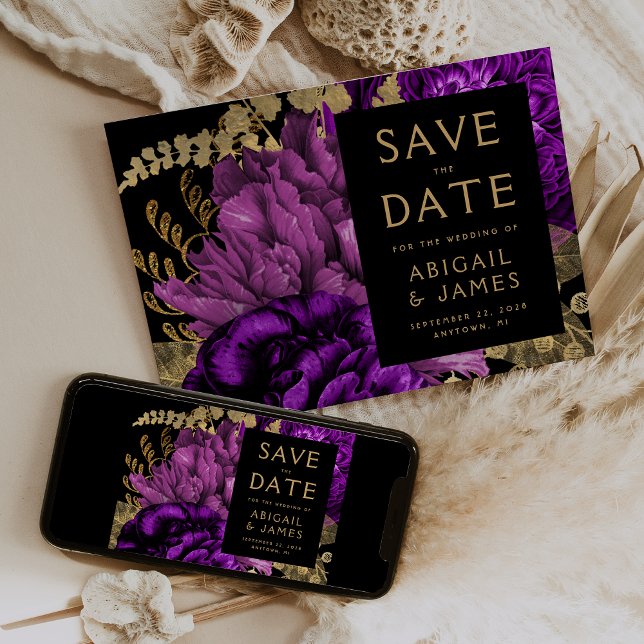 Invitación Dark Floral Purple Gold Wedding Salven la fecha (Subido por el creador)