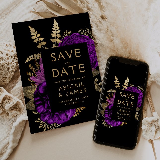 Invitación Dark Floral Purple Gold Wedding Salven la fecha (Subido por el creador)