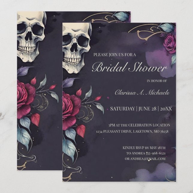 Invitación Dark Floral Skull & Rose Gothic Bridal Shower (Anverso / Reverso)