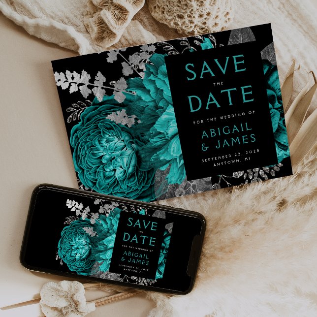 Invitación Dark Floral Verde azulado Blue Silver Wedding Save (Subido por el creador)