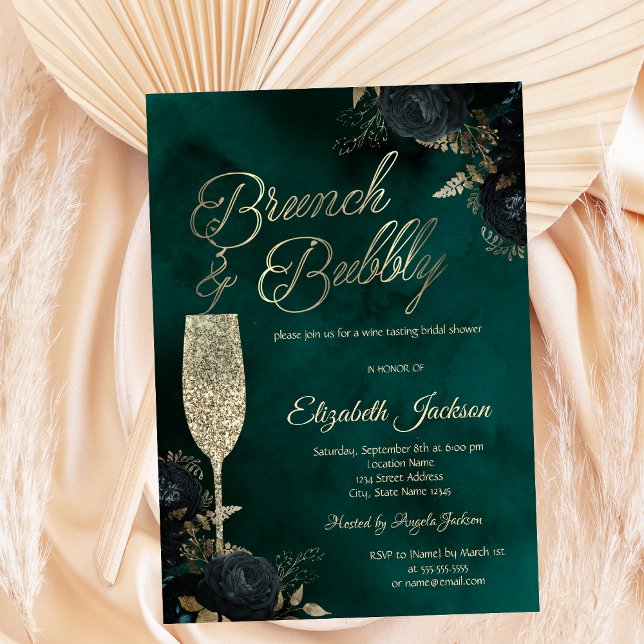 Invitación Dark Flowers Champagne Glass Green (Subido por el creador)