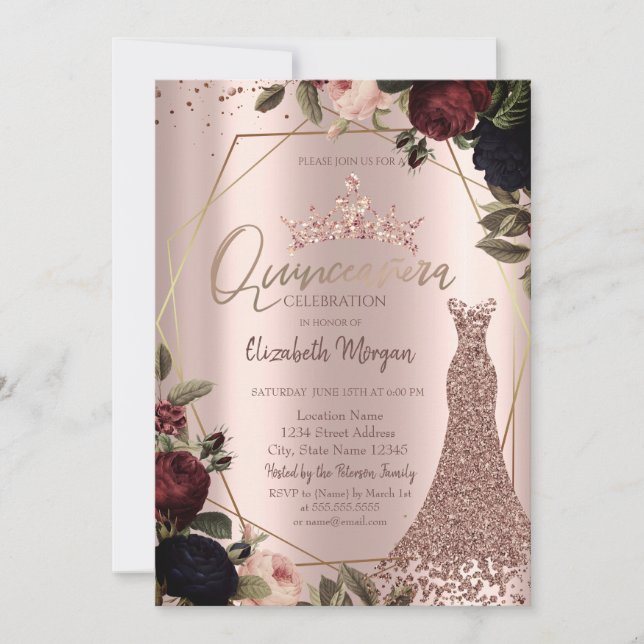 Invitación Dark Flowers Crown Rose Gold Dress Quinceañera   (Anverso)