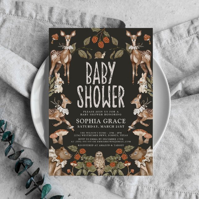 Invitación Dark Forest Elegant Woodland Animals Baby Shower (Subido por el creador)