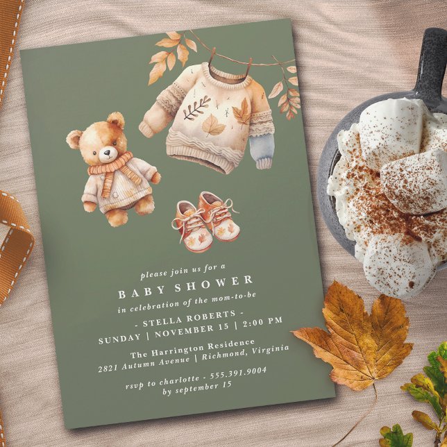 Invitación Dark Forest Green Cute Neutral Otoño Baby Shower (Subido por el creador)