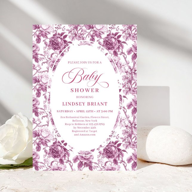 Invitación Dark Fuchsia Rose Pattern Toile Baby Shower Invite (Dark Fuchsia Rose Pattern Toile Baby Shower Invitation)